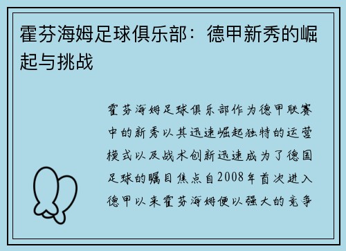 霍芬海姆足球俱乐部：德甲新秀的崛起与挑战
