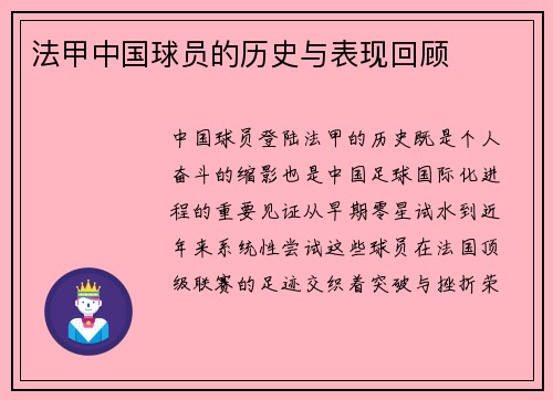 法甲中国球员的历史与表现回顾